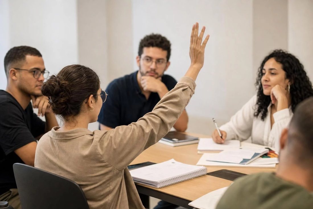 Facilitador em pé apontando para um argumento escrito no quadro durante a sessão