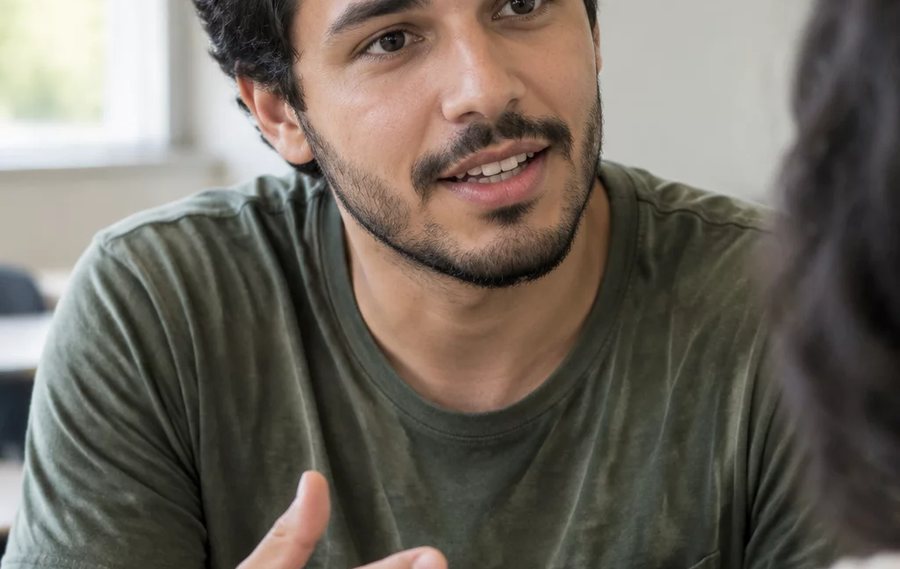 Duas pessoas frente a frente na mesa: uma sustenta a fala, a outra anota o que ouviu